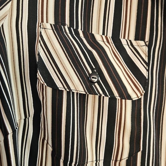 Elementz Striped Button Down Women's Short Sleeve Roll Tab Blouse Cream Black 1X - Picture 3 of 12